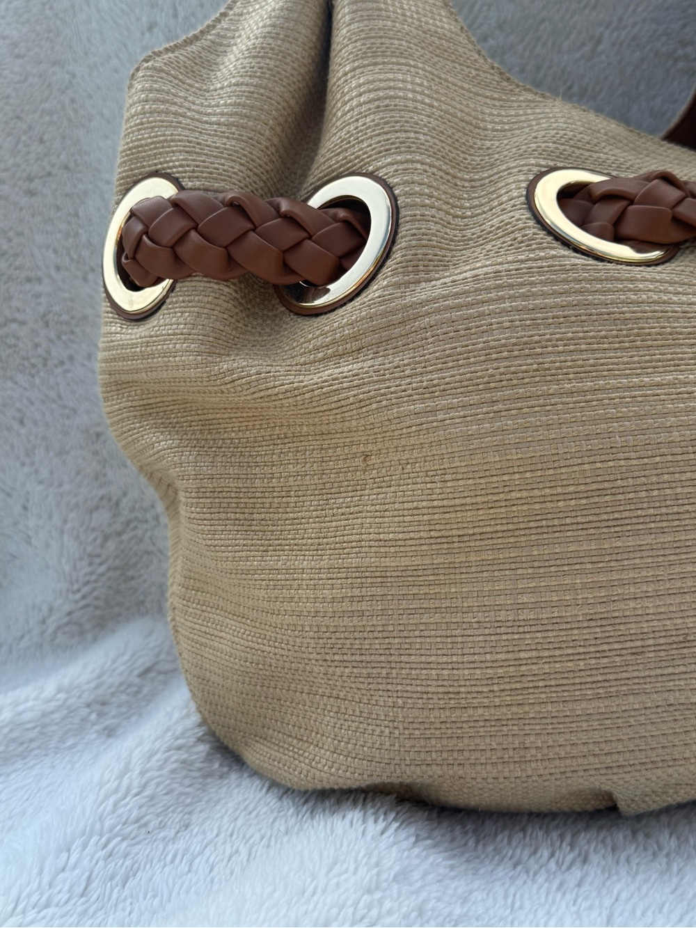 Michael Kors Large Woven Straw Hobo Bag Braided Leather Strap Grommet Tassel Nat - Picture 8 of 16
